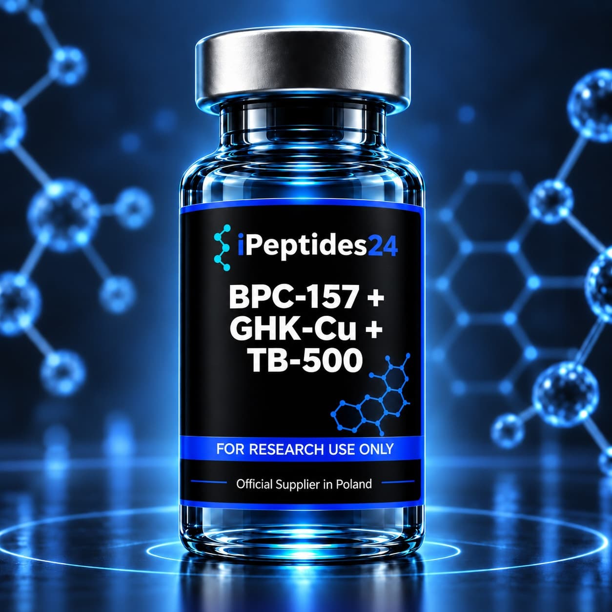 Photorealistic iPeptides24 vial labelled “BPC-157 + GHK-Cu + TB-500” against a dark laboratory background.