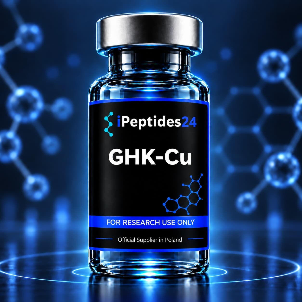 Photorealistic iPeptides24 vial labelled “GHK-Cu” against a dark laboratory background.