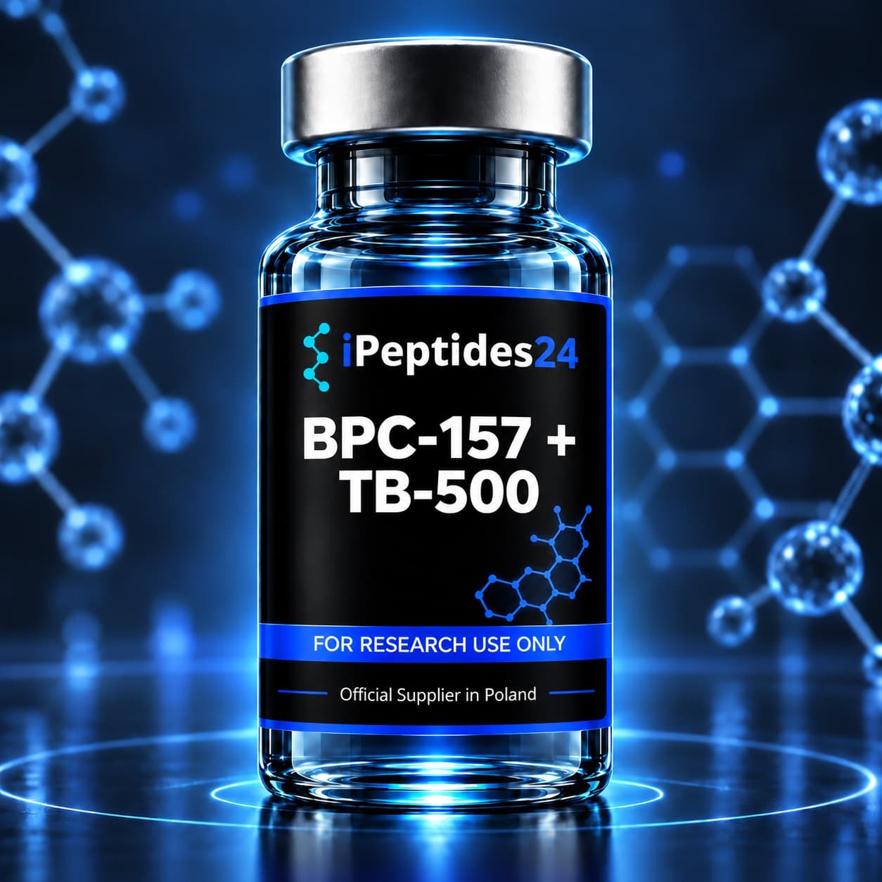 Photorealistic iPeptides24 vial labelled “BPC-157 + TB-500” against a dark laboratory background.