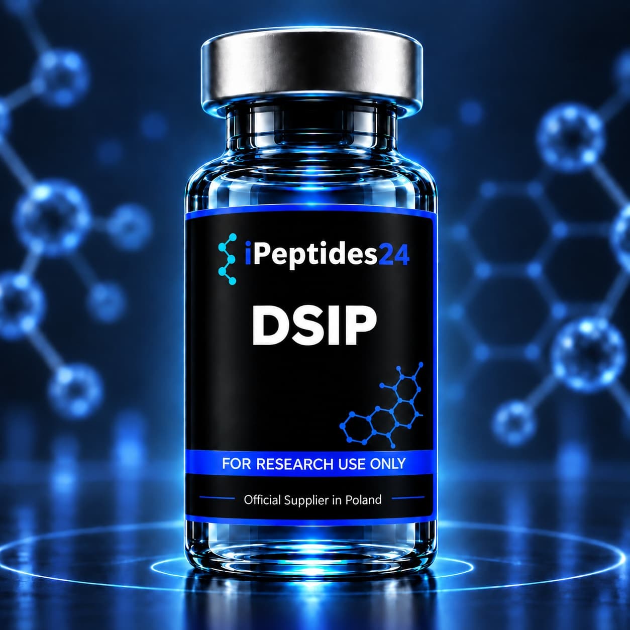Photorealistic iPeptides24 vial labelled “DSIP” against a dark laboratory background.