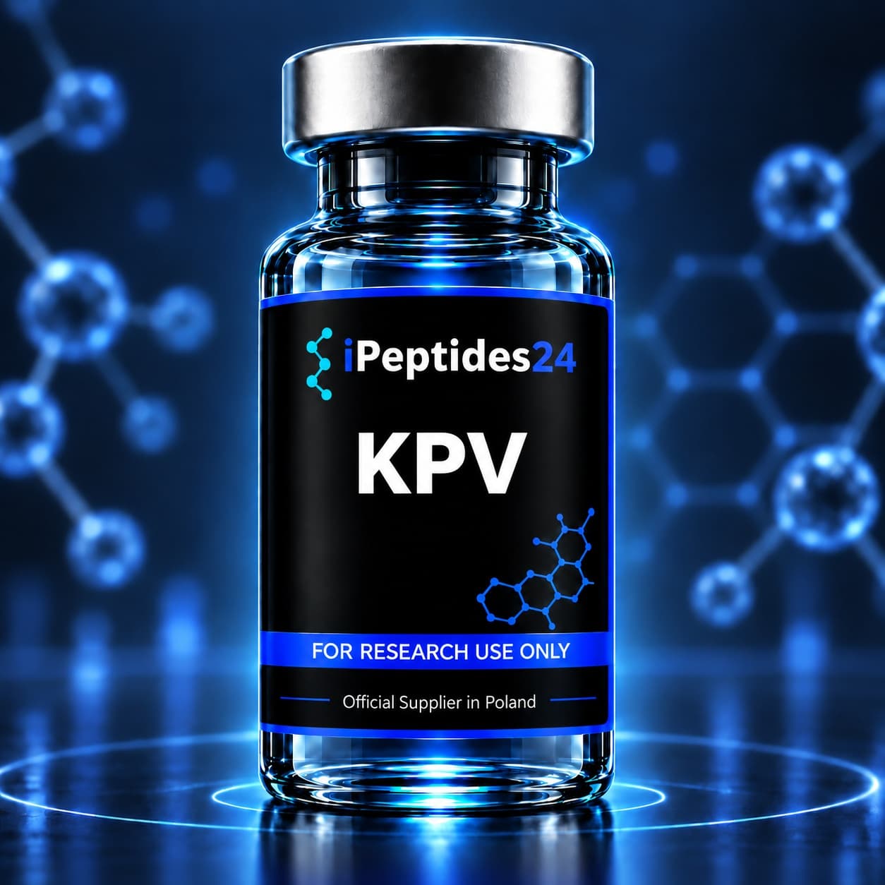 Photorealistic iPeptides24 vial labelled “KPV” against a dark laboratory background.