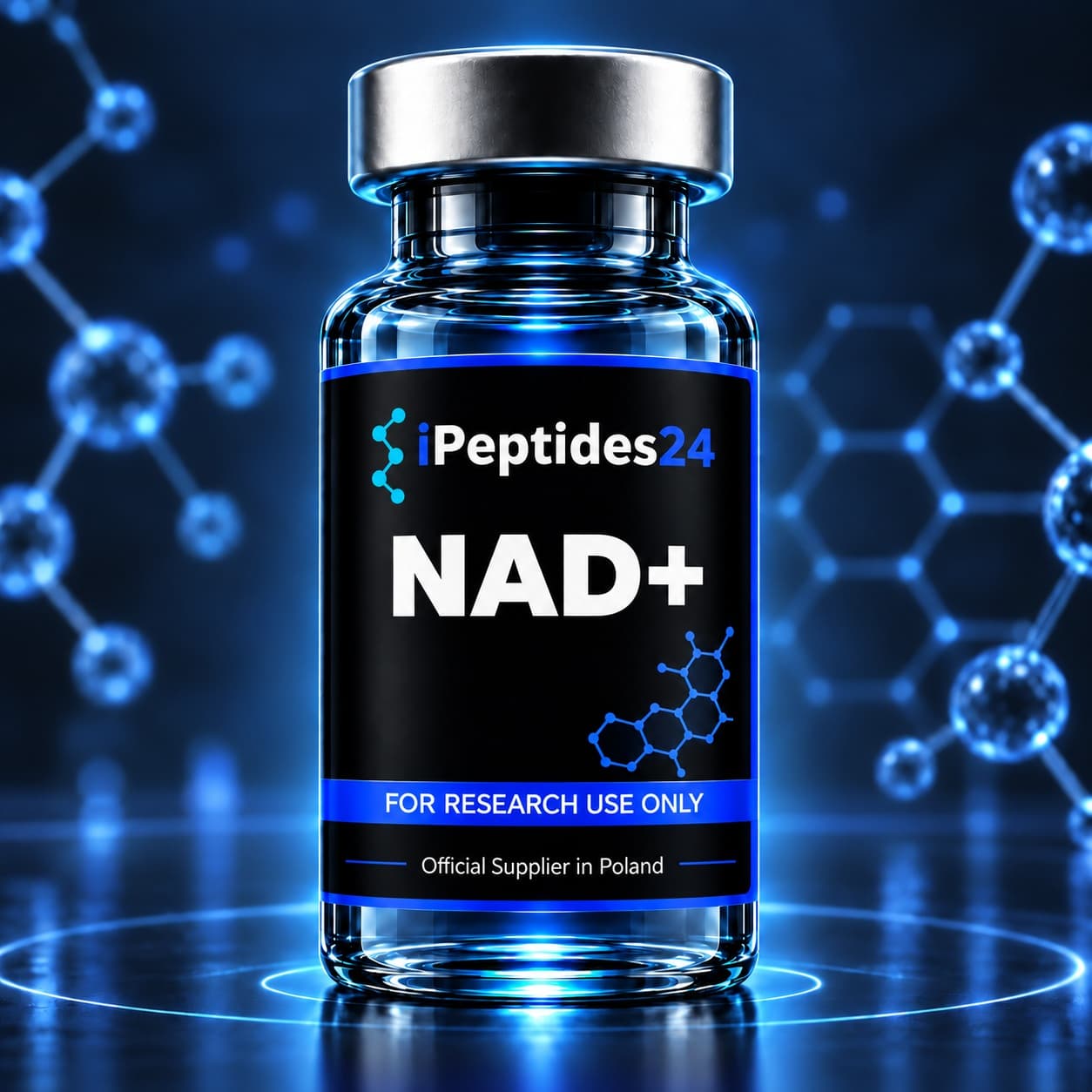 Photorealistic iPeptides24 vial labelled “NAD+” against a dark laboratory background.