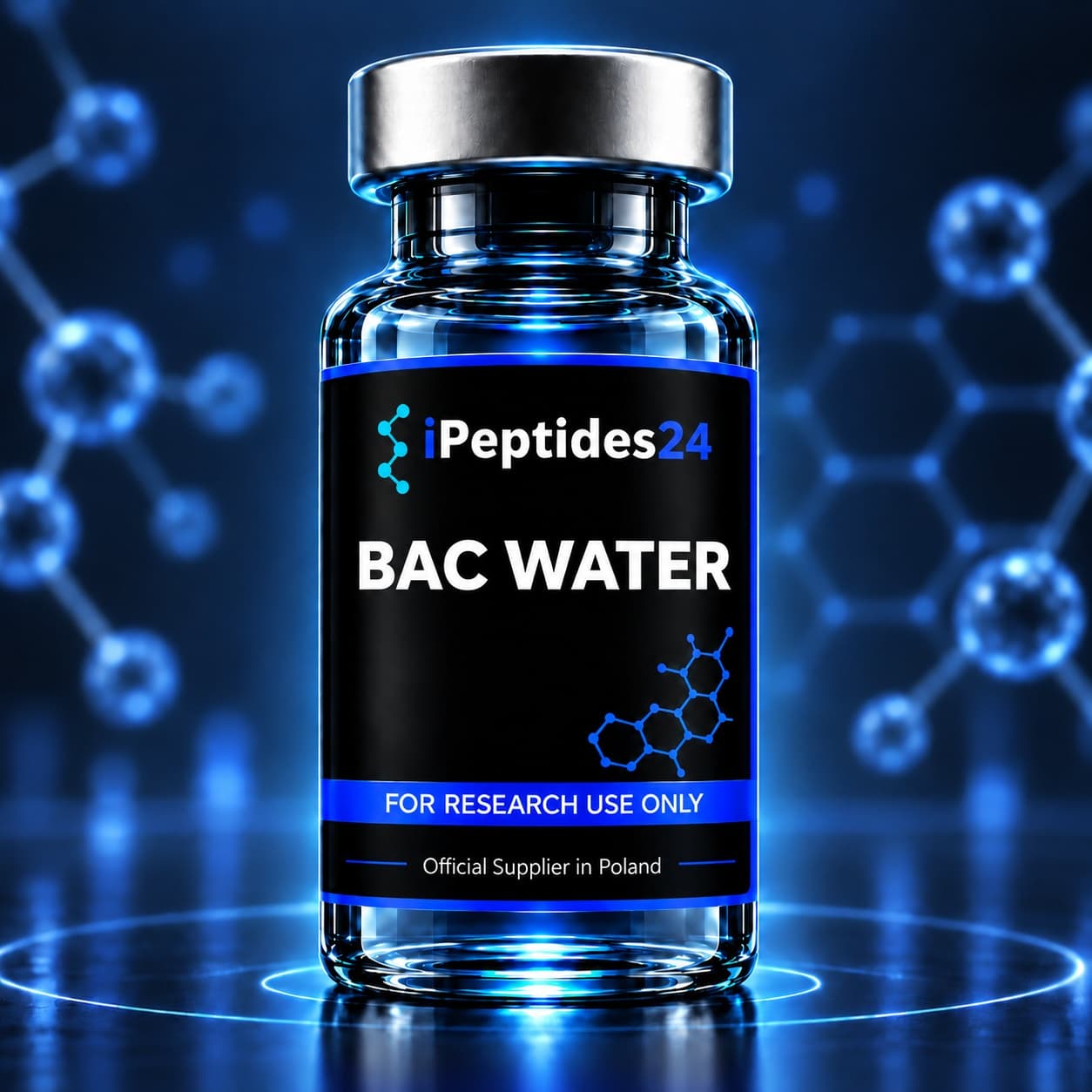 Photorealistic iPeptides24 vial labelled “BAC WATER” against a dark laboratory background.